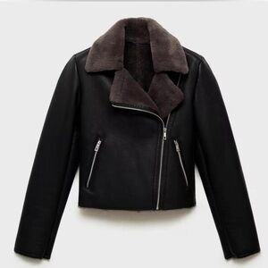 Mango Black Leather Jacket with Shearling Collar